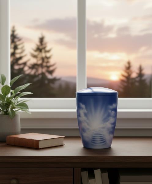 Deep blue pet urn with sky motif and staircase. A comforting symbol of goodbye and hope for your beloved darling. This dignified piece is the perfect tribute – secure yours today.
